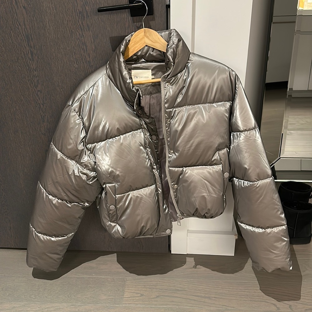 silver puffer jacket